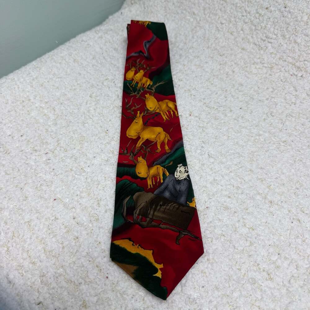 J. Garcia Christmas Collection Reindeer & Sleigh Silk Tie Red Green Avant Garde
